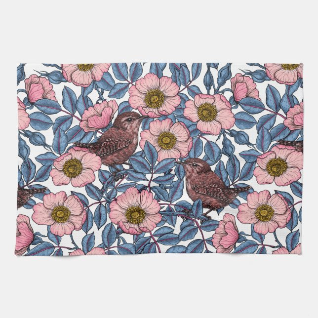 Wrens in the roses tea towel (Horizontal)