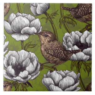 Wrens in the white anemone garden ceramic tile