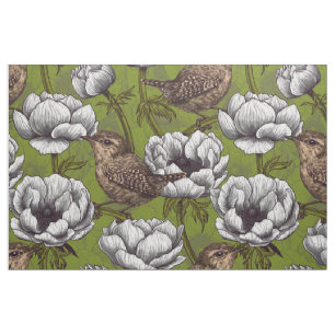 Wrens in the white anemone garden fabric
