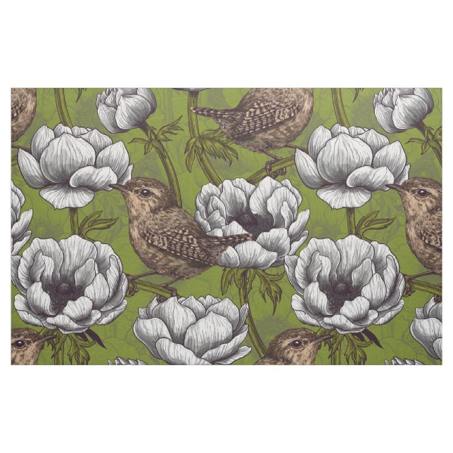 Wrens in the white anemone garden fabric (Fat Quarter)