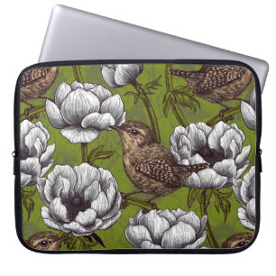 Wrens in the white anemone garden laptop sleeve