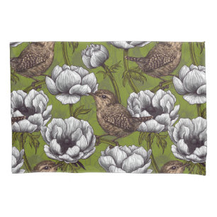 Wrens in the white anemone garden pillowcase