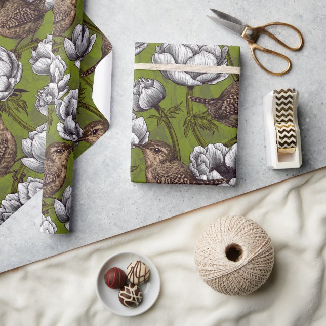 Wrens in the white anemone garden wrapping paper (Crafts)