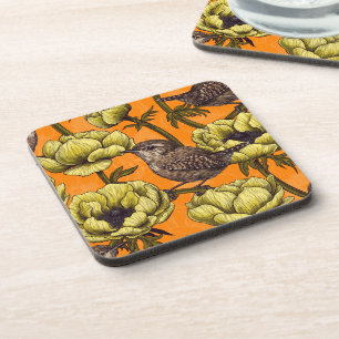Wrens in the yellow anemone garden coaster
