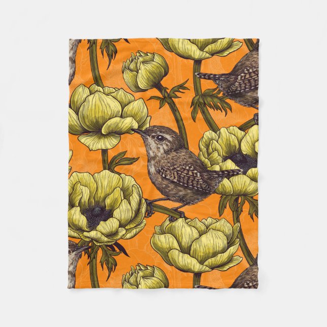Wrens in the yellow anemone garden fleece blanket (Front)