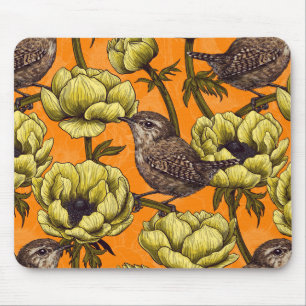 Wrens in the yellow anemone garden mouse pad