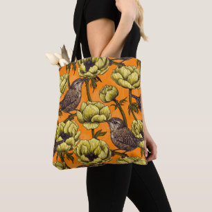 Wrens in the yellow anemone garden tote bag