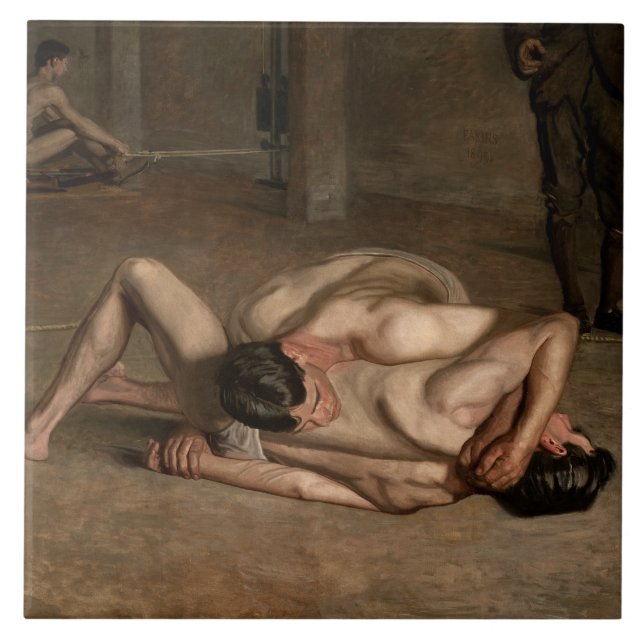Wrestlers (by Thomas Eakins) Ceramic Tile (Front)