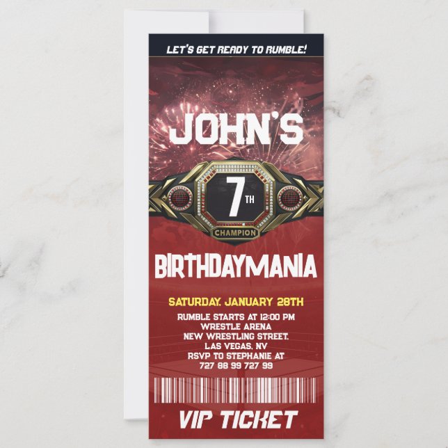 Wrestling Birthday Party Ticket Invitation Theme (Front)