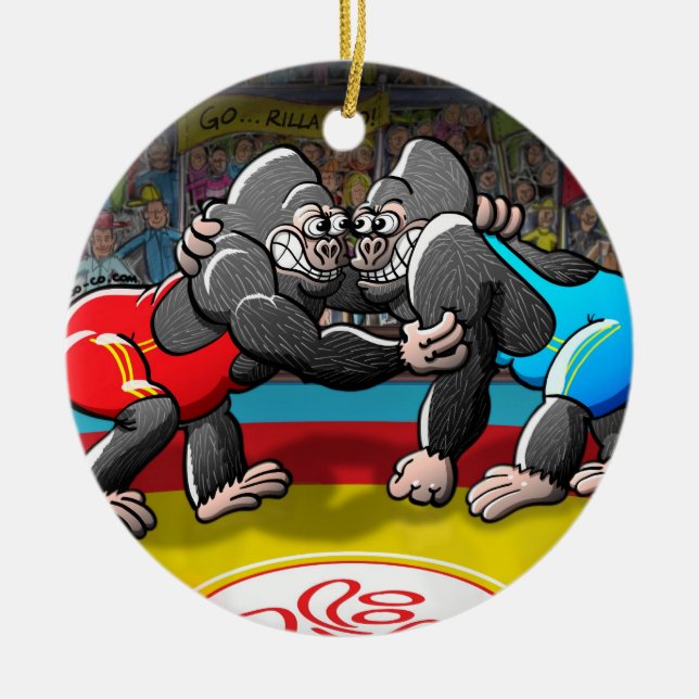 Wrestling Gorillas Ceramic Tree Decoration (Front)