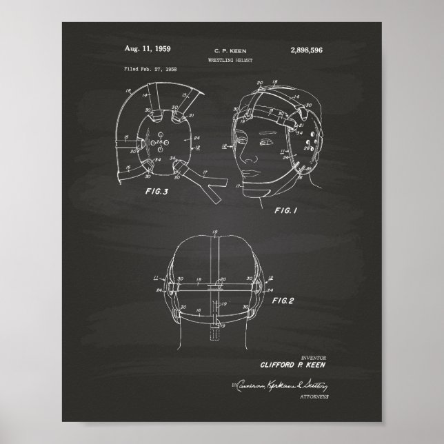Wrestling Helmet 1959 Patent Art Chalkboard Poster (Front)