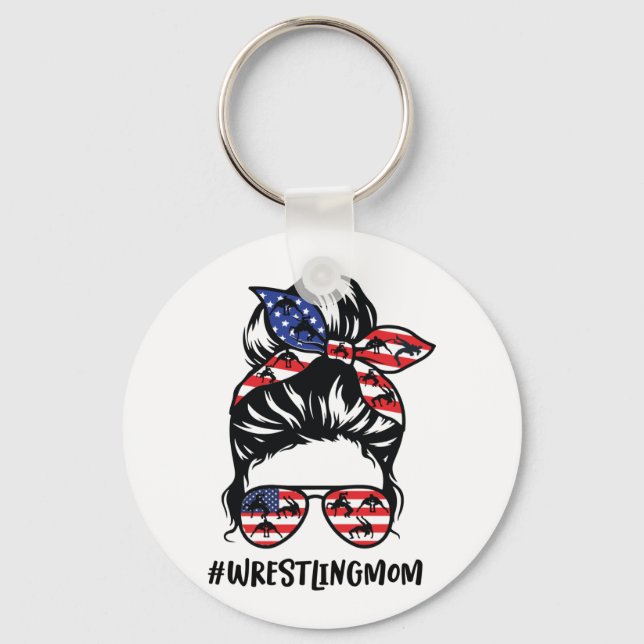 Wrestling Mum Messy Bun America Flag Wrestlers Key Ring (Front)