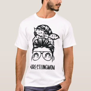 Wrestling Mum messy bun hair glasses T-Shirt