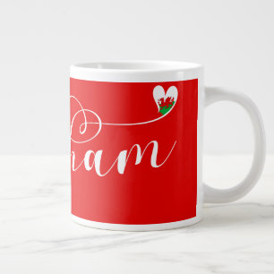 Wrexham Script Font, Welsh Flag In Heart Large Coffee Mug