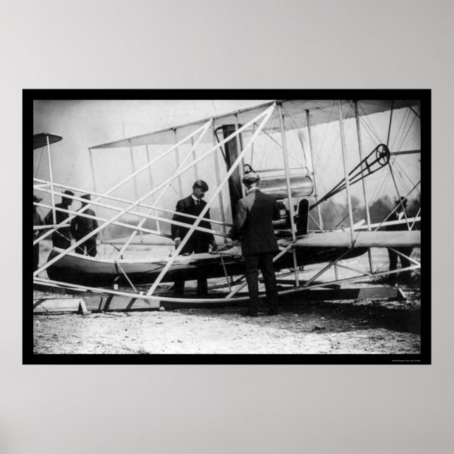 Wright Examines Canoe Attachment to Aeroplane 1909 Poster (Front)