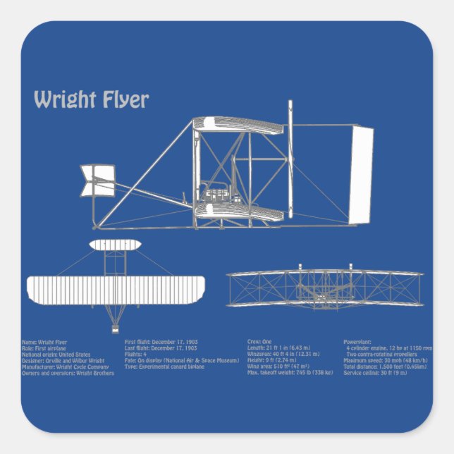 Wright Flyer- Aeroplane Blueprint Drawing Plans AB Square Sticker (Front)