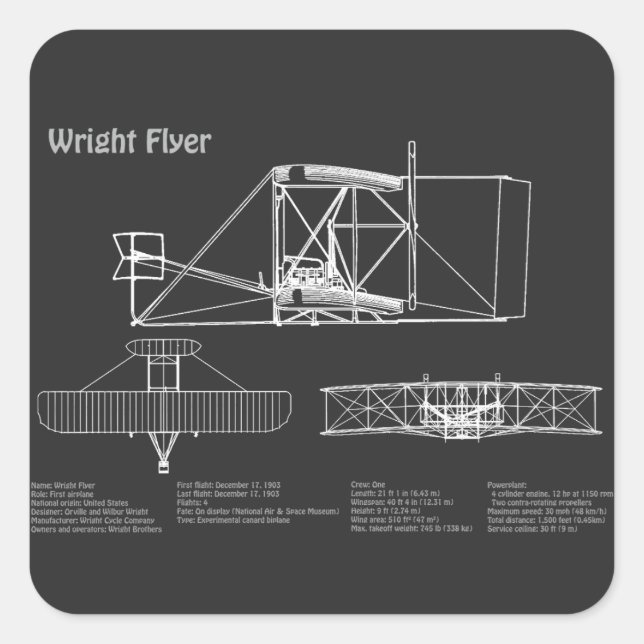 Wright Flyer- Aeroplane Blueprint Drawing Plans PD Square Sticker (Front)