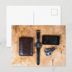 wristwatch with wallet purse and lighter postcard