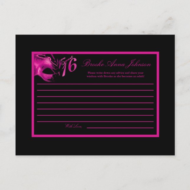 Writable Advice Card Sweet 16 Hot Pink Black Party (Front)