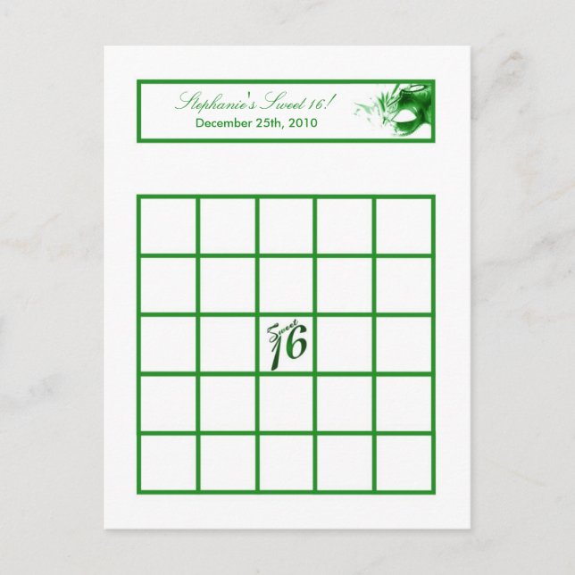 Writable Bingo Card Sweet 16 Green Party (Front)