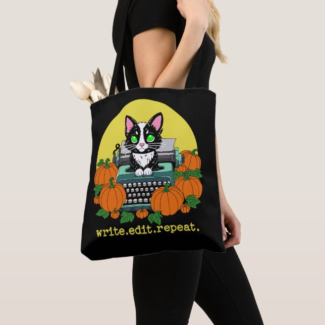 write edit repeat Halloween Cat Tote Bag (Close Up)