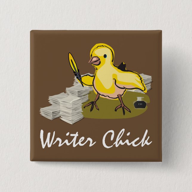 Writer Chick with Paper, Feather Quill and Ink 15 Cm Square Badge (Front)