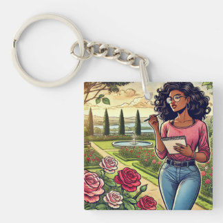 Writer in rose garden keychain