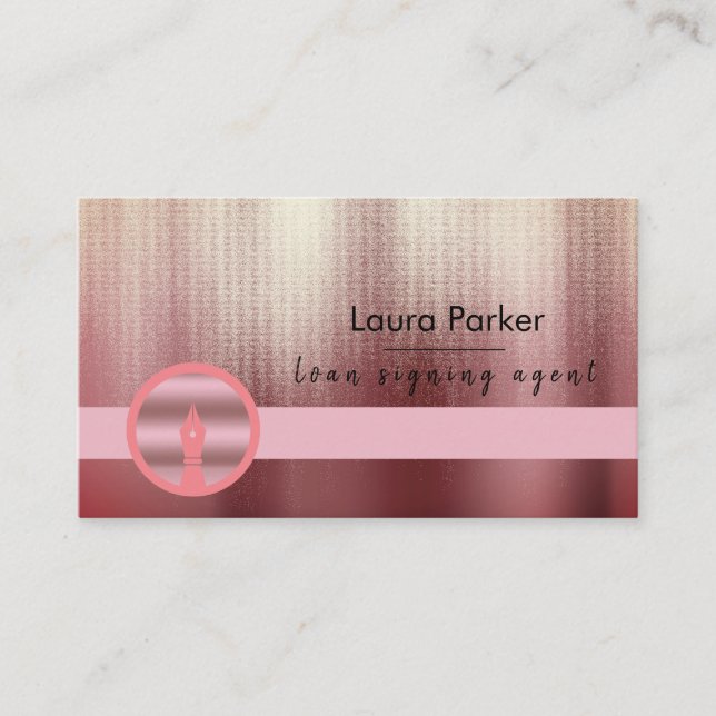 Writer Loan Signing Agent Nib Rose Gold Notary Business Card (Front)