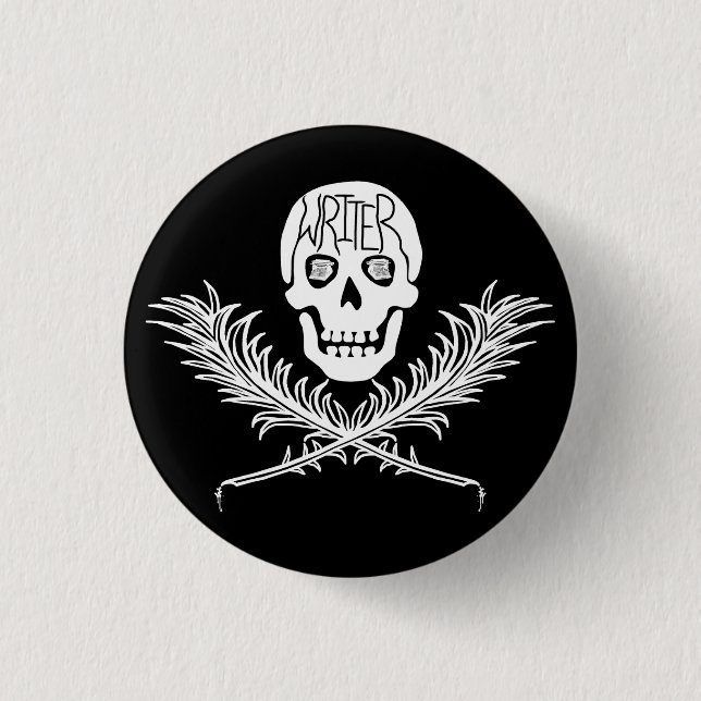 Writer Skull and Crossbones Quills White 3 Cm Round Badge (Front)