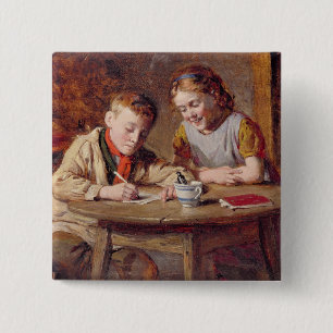 Writing a Letter (oil on panel) 15 Cm Square Badge