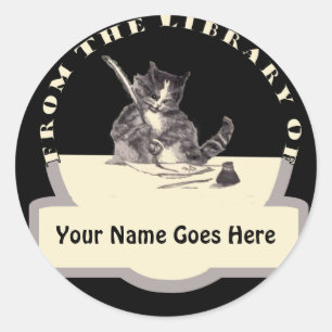 Writing Cat Bookplate Classic Round Sticker