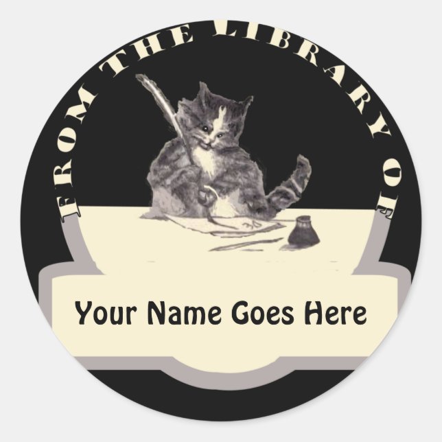 Writing Cat Bookplate Classic Round Sticker (Front)