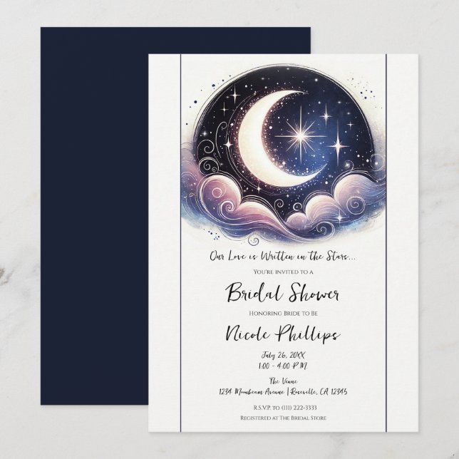 Written in Stars Watercolor Moon Bridal Shower  Invitation (Front/Back)