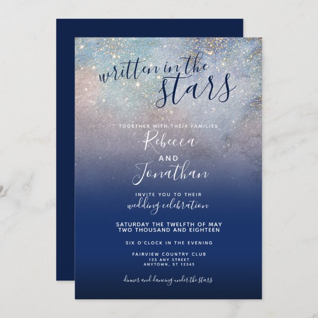 Written in the Stars Navy Galaxy Wedding Invitation (Front/Back)