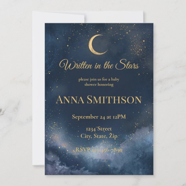 Written in the Stars | Navy & Gold Celestial Baby Invitation (Front)
