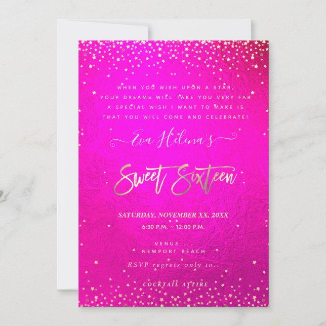 Written in the Stars Sweet 16, Flashy Neon Pink Invitation (Front)