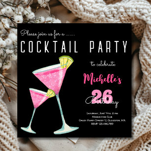 Wtercolor Cocktail birthday party black Invitation