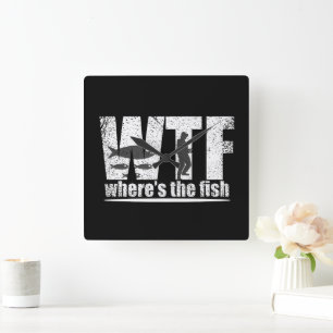 WTF where's the fish funny fishing Square Wall Clock