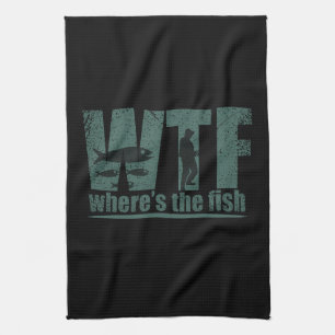 WTF where's the fish funny fishing Tea Towel