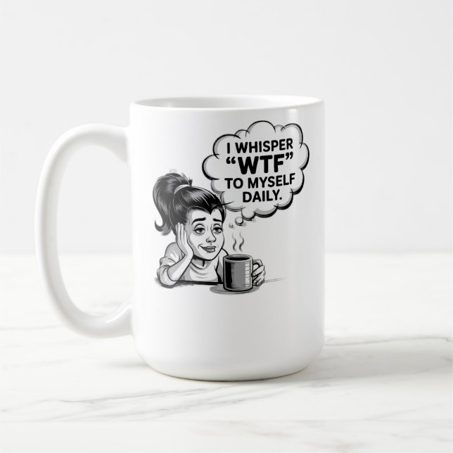 WTF Whisper Coffee Mug – Funny Retro Cartoon  (Left)