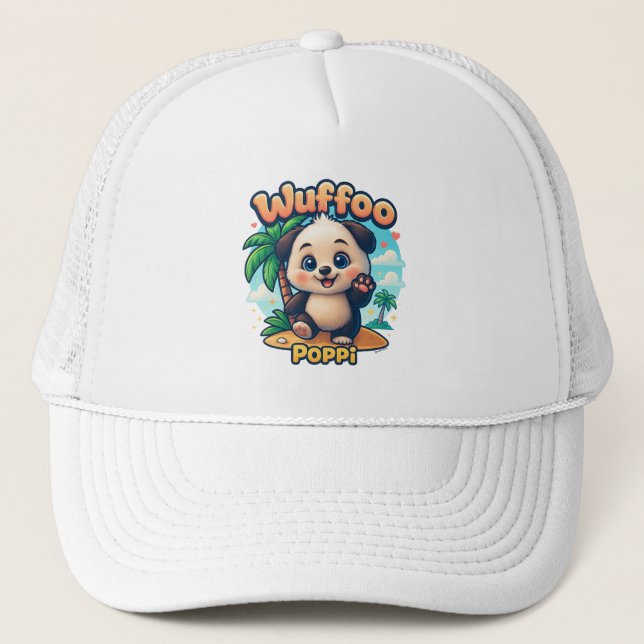 Wuffoo Poppi Cute Kawaii Puppy Tropical Island  Trucker Hat (Front)