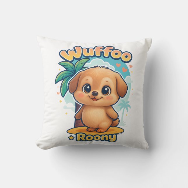 Wuffoo Roony Cute Kawaii Puppy Tropical Island Cushion (Front)