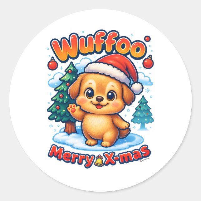 Wuffoo Roony Merry X-mas Kawaii 3D Holiday Classic Round Sticker (Front)