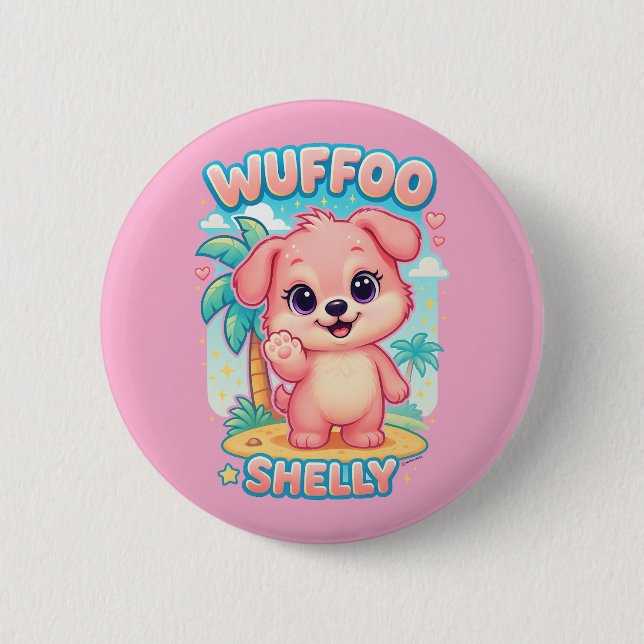 Wuffoo Shelly Kawaii Puppy Tropical Island 6 Cm Round Badge (Front)