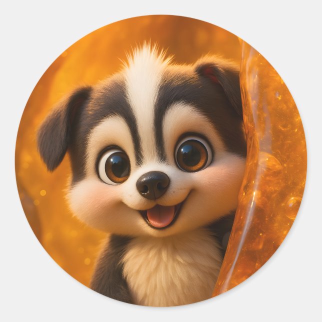Wuffoo Surffie Cute Kawaii Puppy Amber Classic Round Sticker (Front)