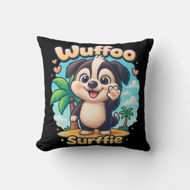 Wuffoo Surffie Cute Kawaii Puppy Tropical Island Cushion (Front)
