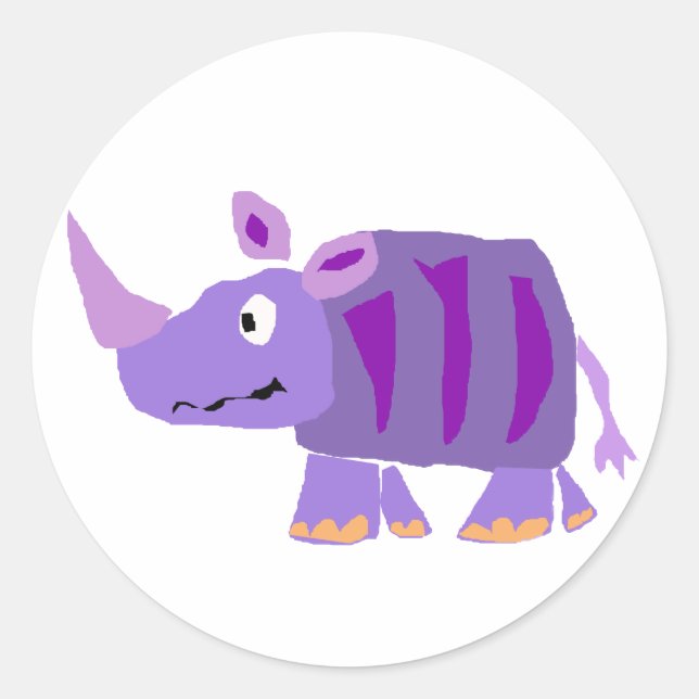 WW- Funky Purple Rhino Primitive Art Cartoon Classic Round Sticker (Front)