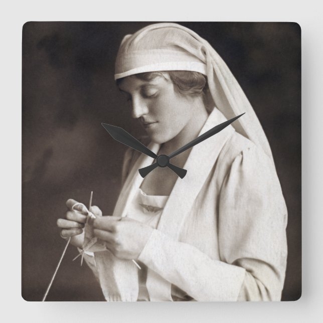 WWI Nurse knitting Sweater Square Wall Clock (Front)