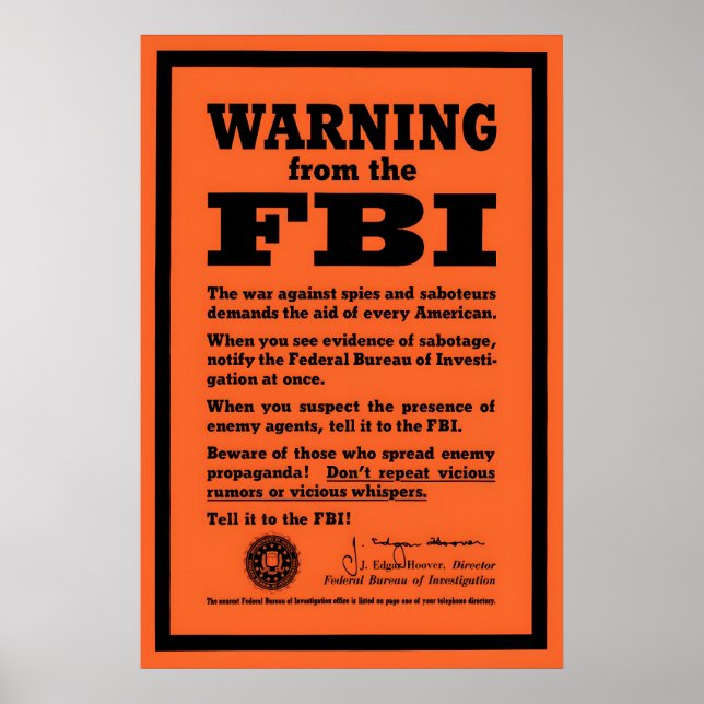WWII FBI Spy and Saboteur Warning Poster Second (Front)