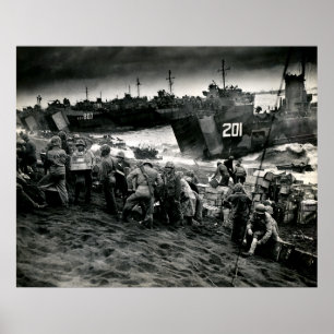 WWII Marines offload Supplies on Iwo Jima Poster